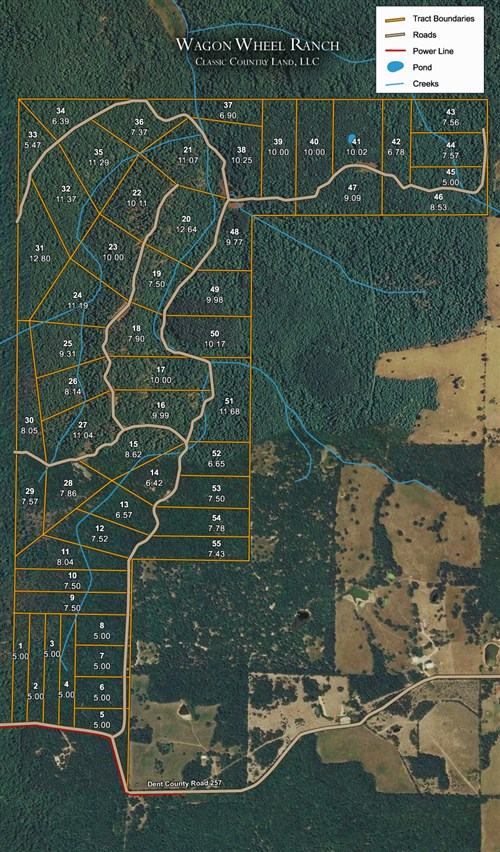 Tract layout map for Wagon Wheel Ranch Tract 13 in Dent County, Missouri