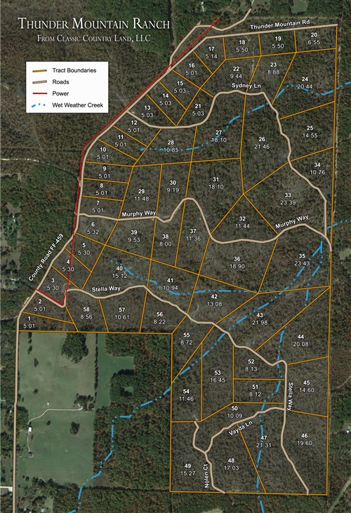 Tract layout map for Thunder Mountain Ranch Tract 50 in Shannon County, Missouri