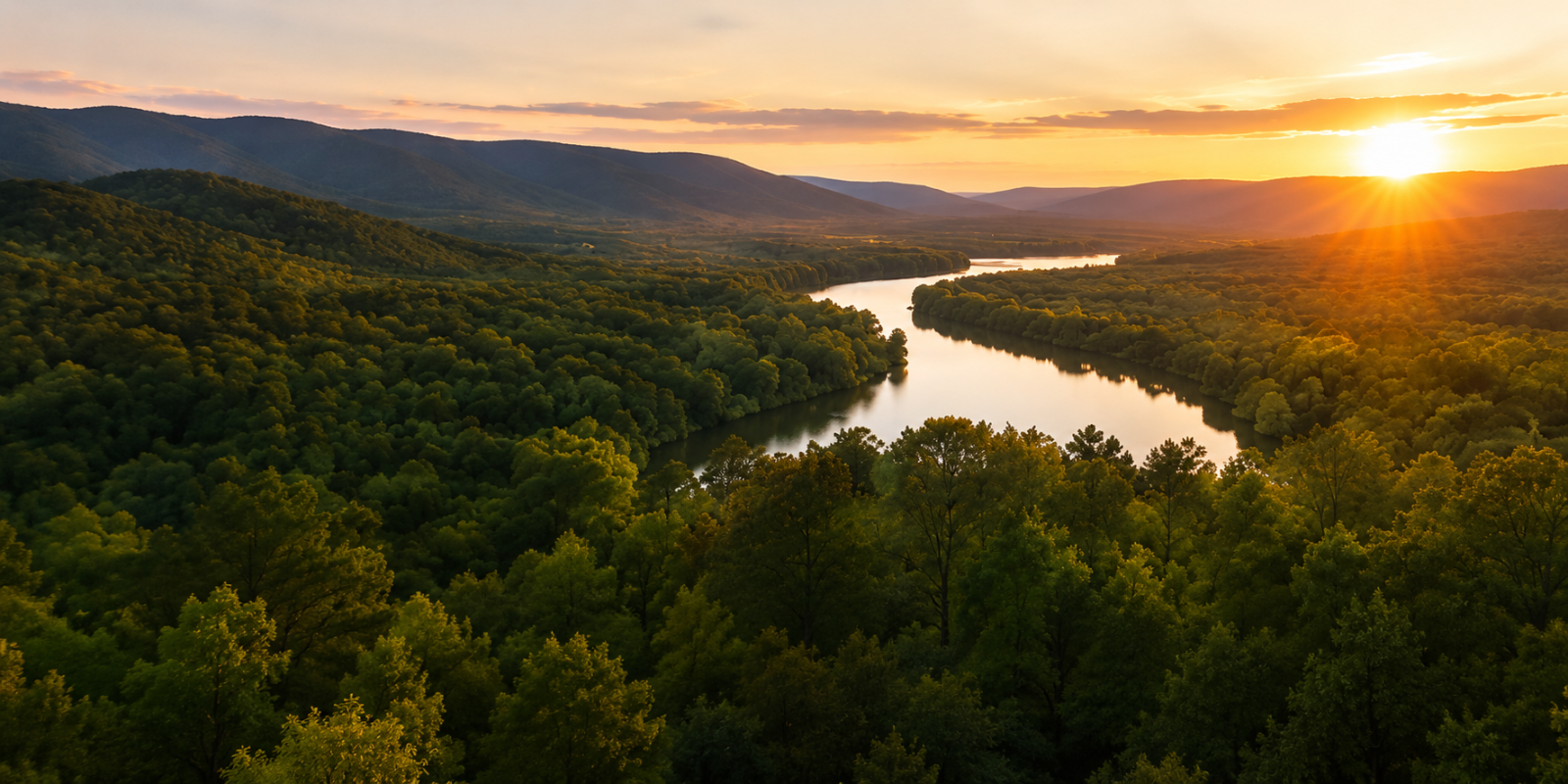 Rolling wooded rural land at sunrise